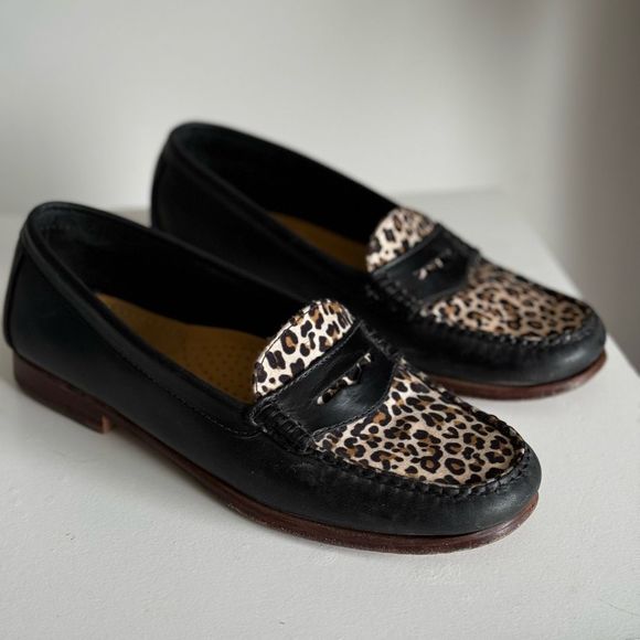 Vintage Black Leather Leopard Weejuns Penny Loafers  8 - Picture 3 of 9